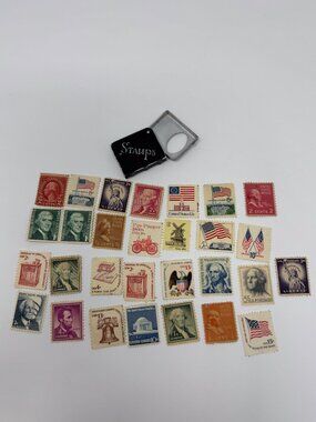 Vintage US Postage Stamp Lot + Mini Stamp Holder Case Americana Collectible